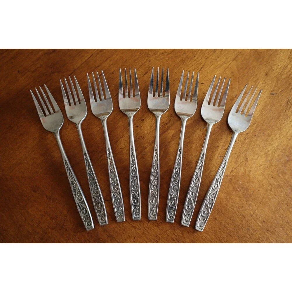 Lot 8x Imperial International IIC DAVOS Stainless Black Floral Salad Fork 6.25